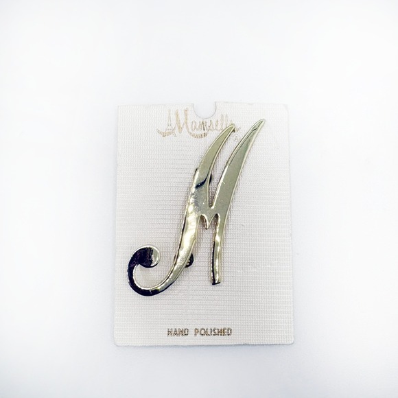M & M Jewelry - Marsella Silver-Tone Script Letter "M" Pin Brooch, Hand Polished, New on Card